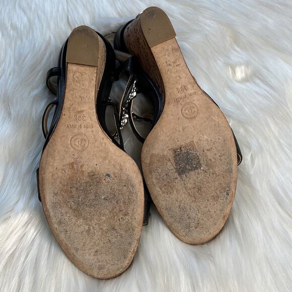 Chanel Black Camellia Charm Wedge Sandals - Picture 13 of 15